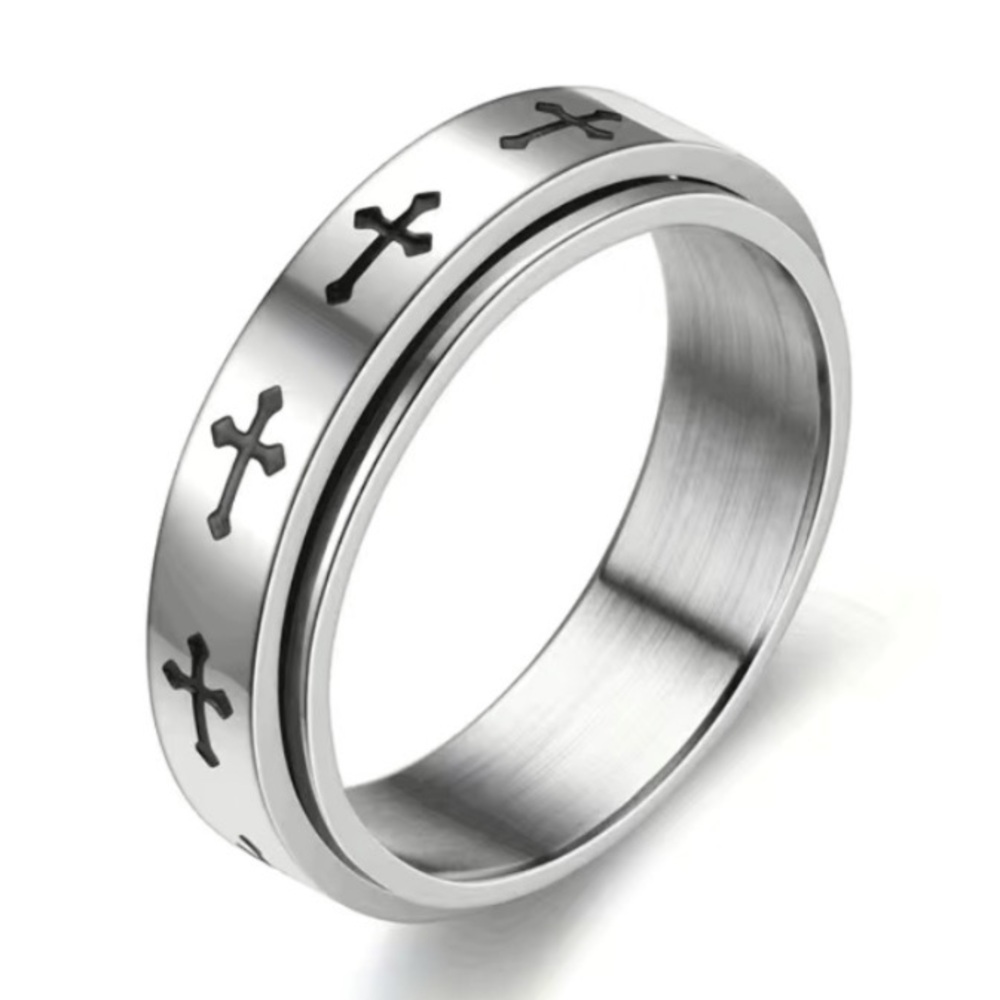 Stainless Steel Cross Spinner Ring Fidget Band Black Silver Unisex